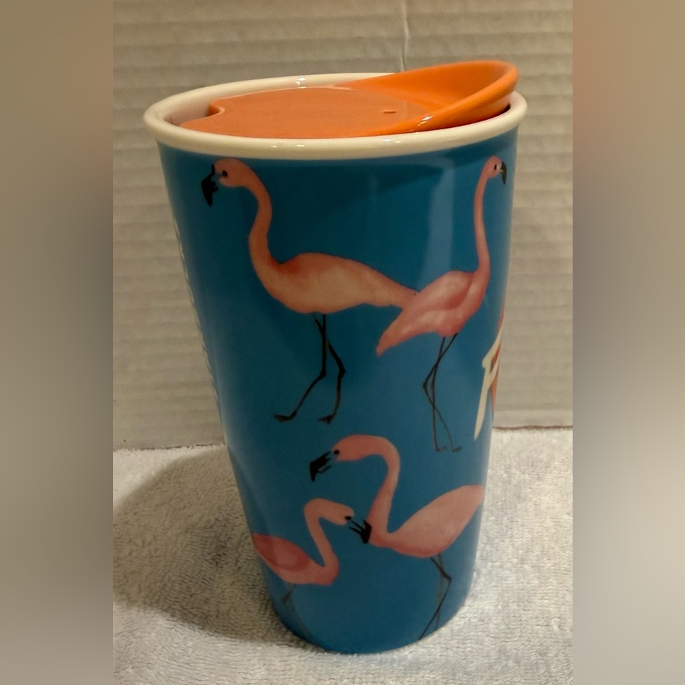 2015 STARBUCKS FLORIDA PINK FLAMINGOS CERAMIC TRAVEL TUMBLER 12 OZ MINT!